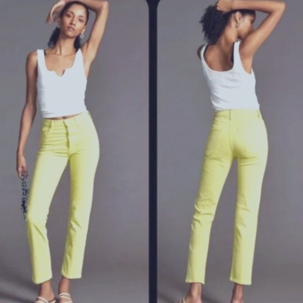 MOTHER | Women's Light Neon Green The Tomcat Buttonfly Straight Leg Jeans Sz 30